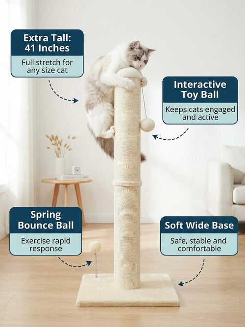 Pawrino Tall Cat Scratching Post — Sisal Scratching Post for Indoor Cats, Stable Base, Full Coverage